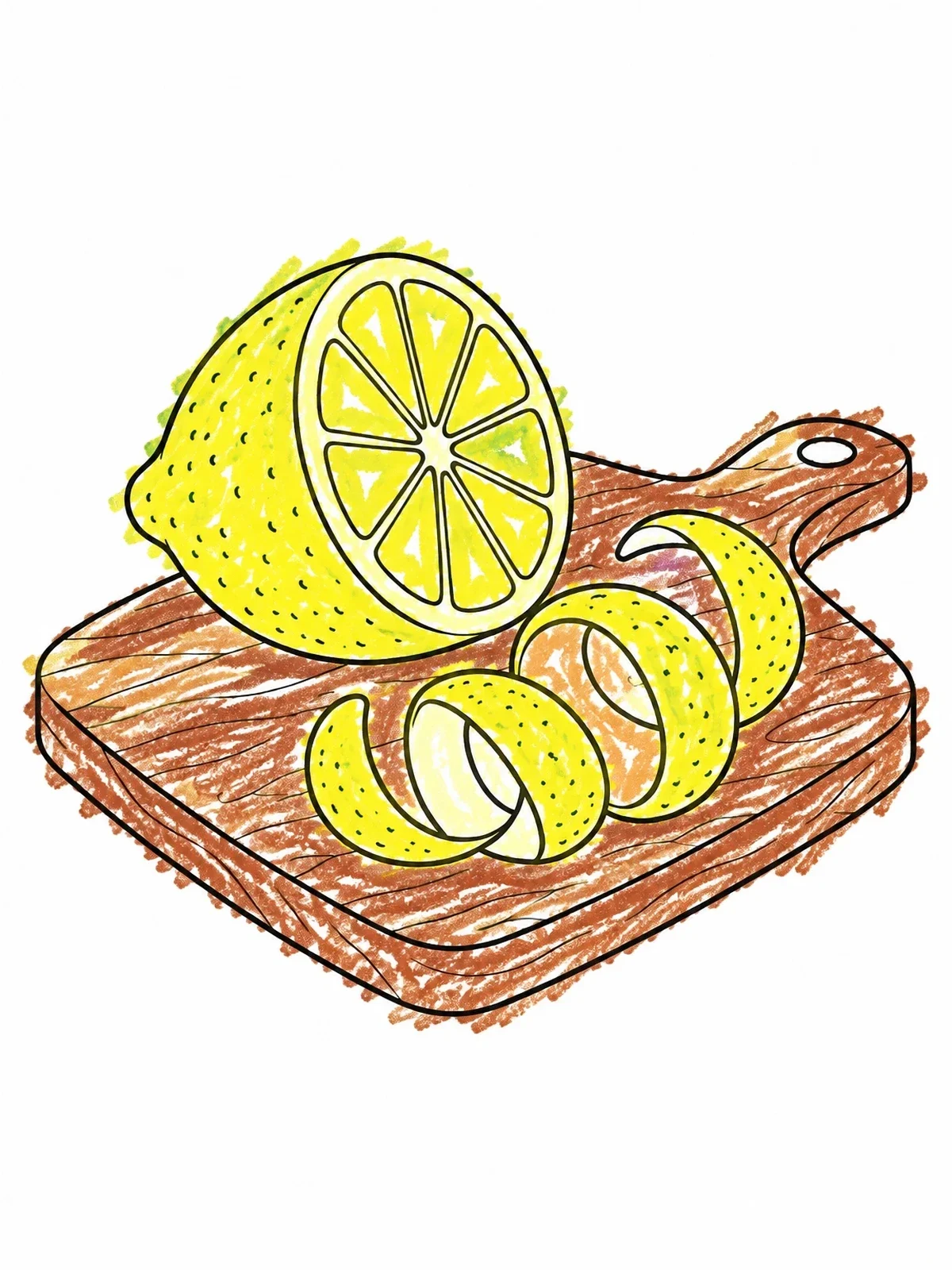 Colored example of the Cut Lemon And Spiral Peel On Board coloring page