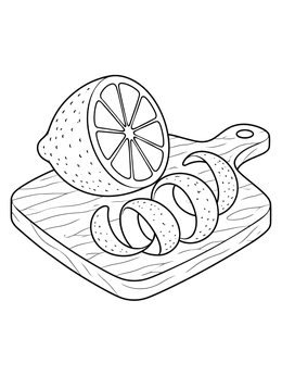 A cut citrus half and curling peel rest on a board in this lemons coloring page.