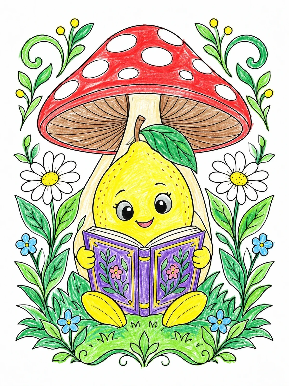 Colored example of the Cute Lemon Reading Under Mushroom coloring page