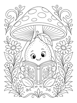 A cheerful lemons coloring page showing a cartoon lemon reading a book under a mushroom in a flower garden.