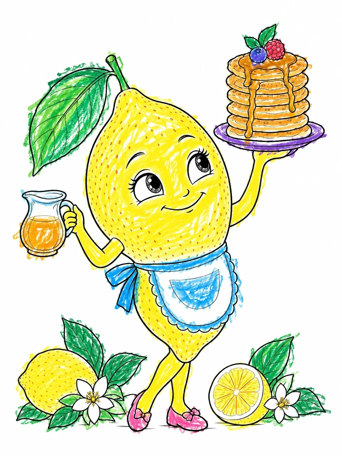 Colored example of the Cute Lemon Serving Sweet Pancakes coloring page