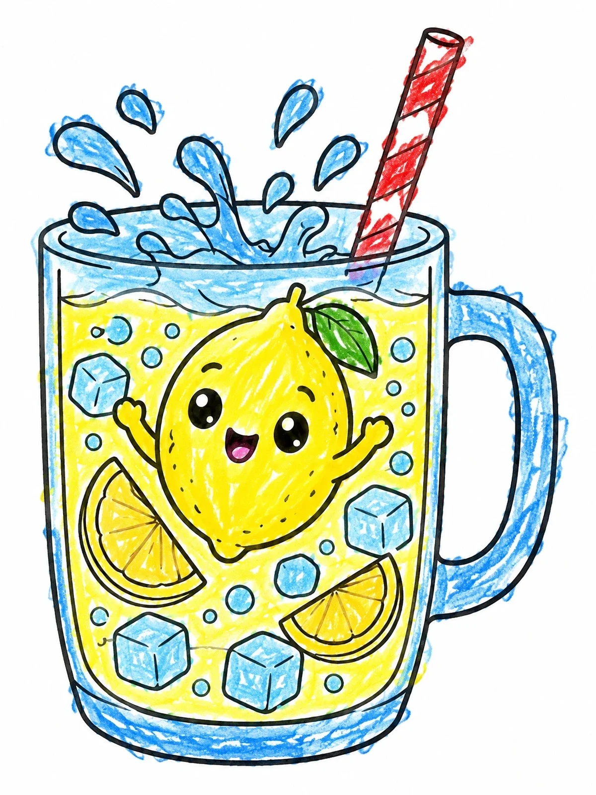 Colored example of the Cute Lemon Splashing In Drink Mug coloring page