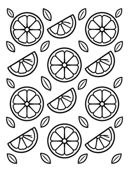 A pattern of fruit wedges and round slices in this lemons coloring page.
