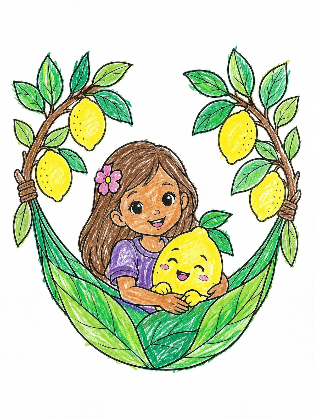 Colored example of the Girl Hugging Cute Lemon In Leaf Hammock coloring page