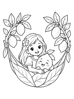 A cheerful girl cuddles a cute baby fruit in this sweet lemons coloring page.