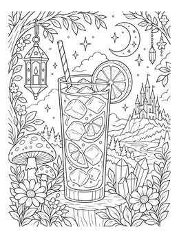 A magical lemons coloring page with a tall iced drink set against a whimsical castle scenery.