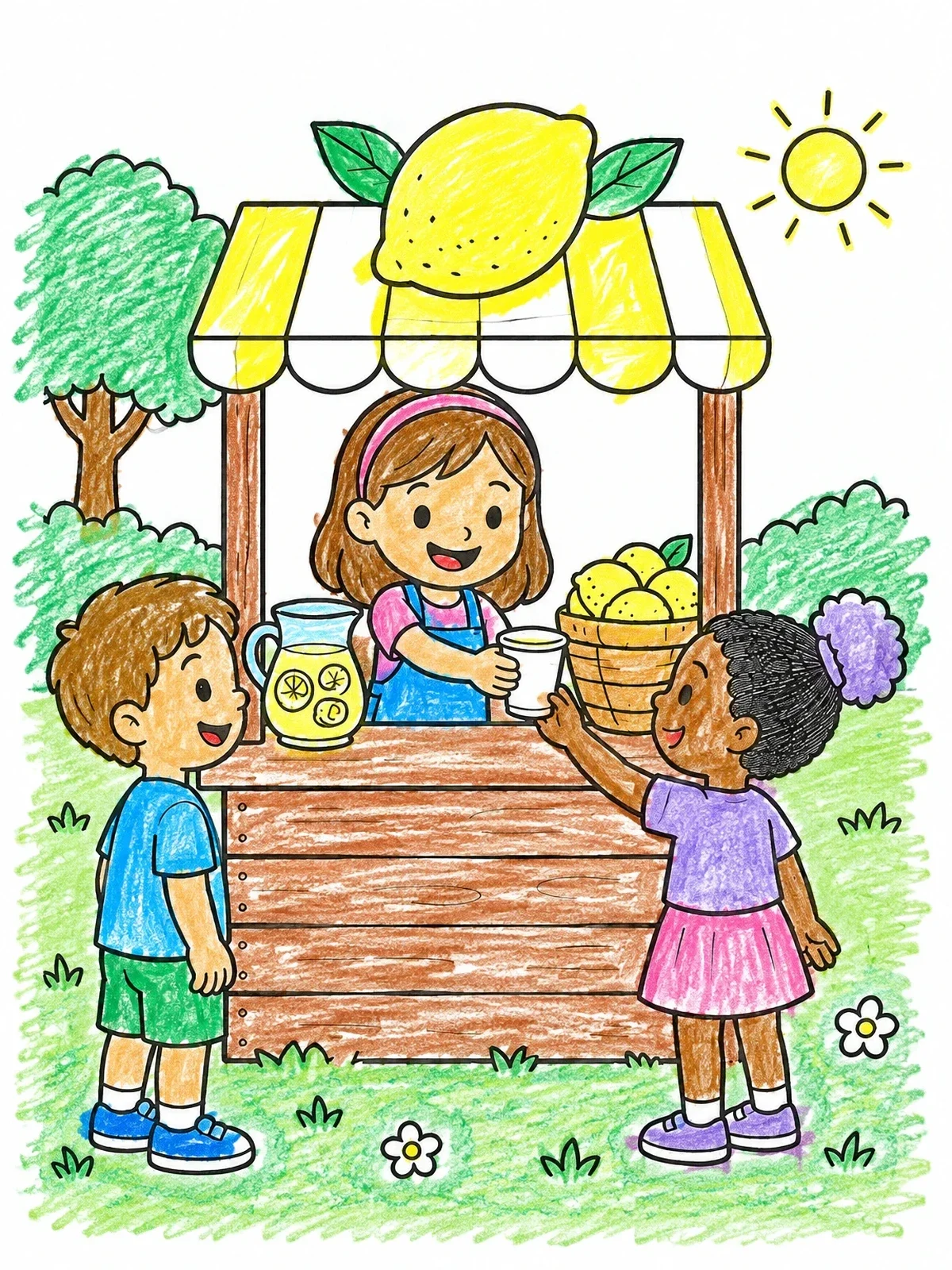 Colored example of the Children At The Lemonade Stand coloring page