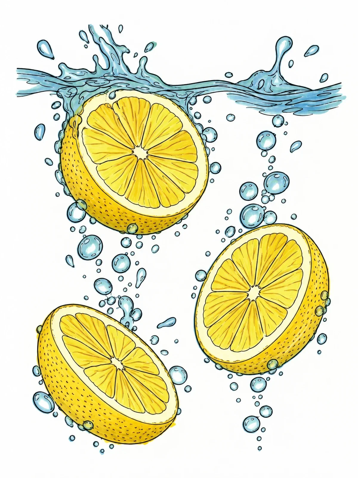 Colored example of the Lemon Slices Splashing In Water coloring page