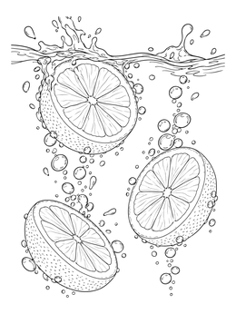 Refreshing lemons coloring page featuring sliced citrus falling into bubbly water.