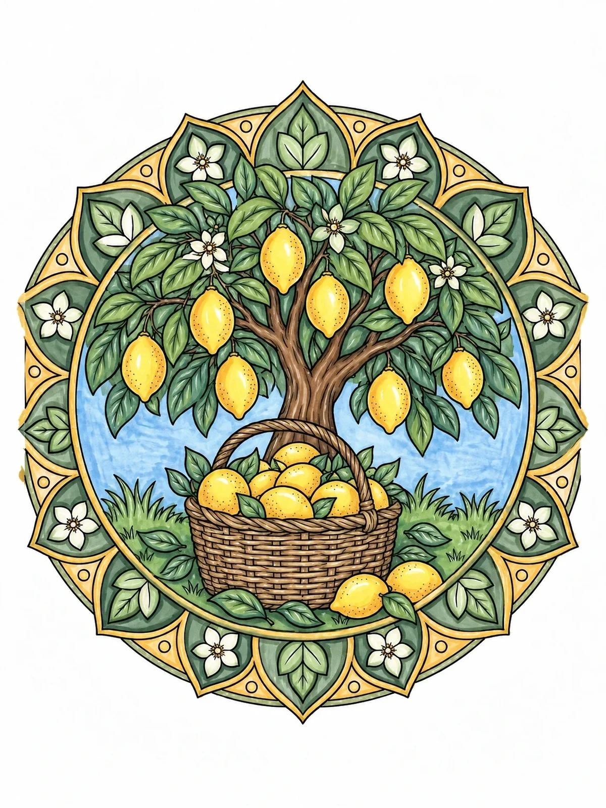 Colored example of the Lemon Tree Mandala With Harvest Basket coloring page