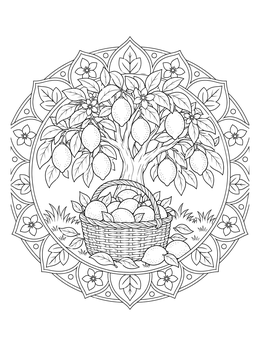 A detailed lemon tree and harvest basket framed in this lemons coloring page.