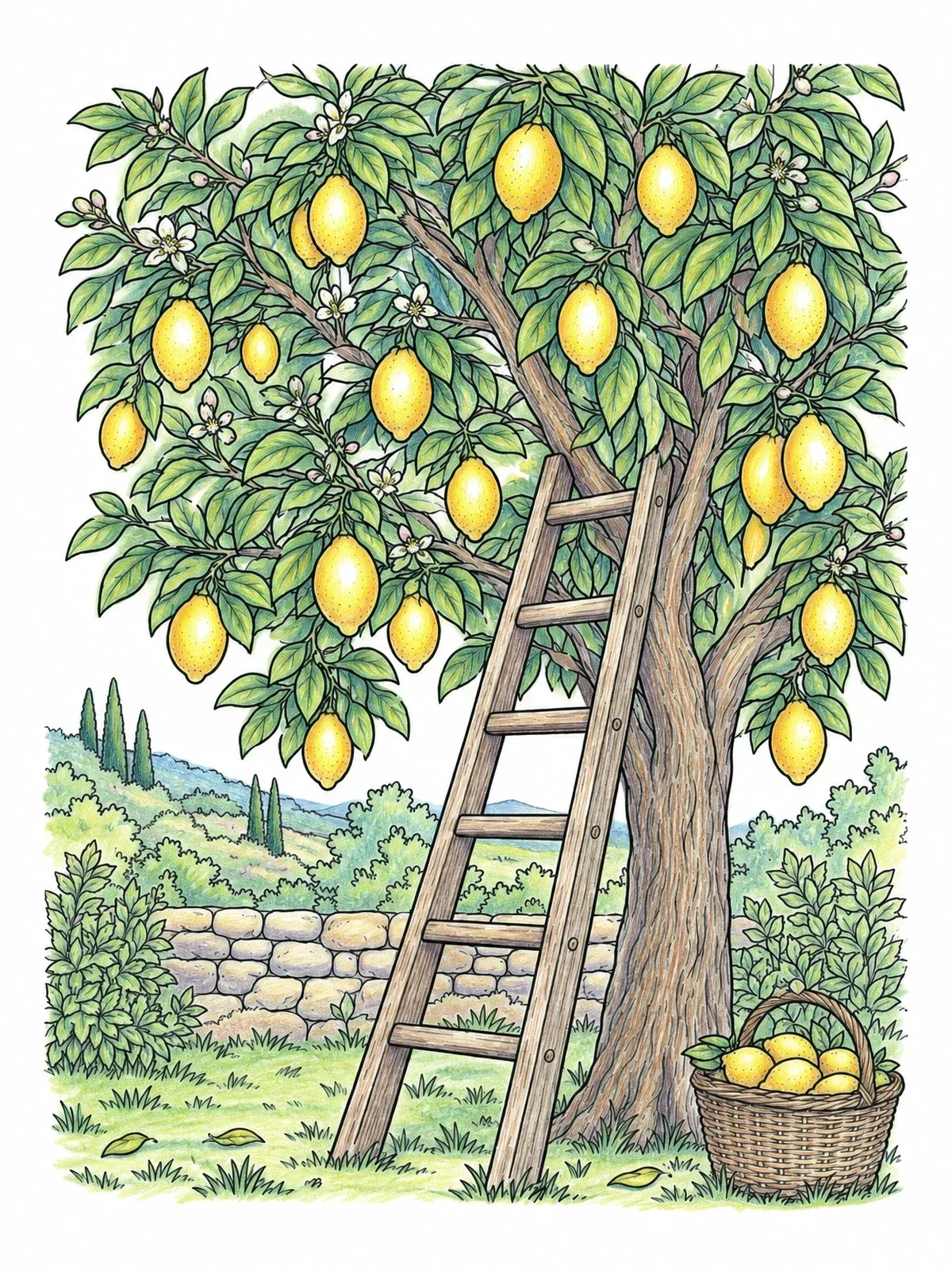 Colored example of the Lemon Tree Harvest In The Orchard coloring page