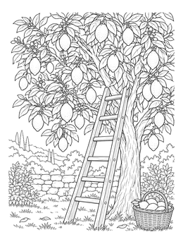 A wooden ladder stands by an orchard tree on this lemons coloring page with ripe fruit and a basket.