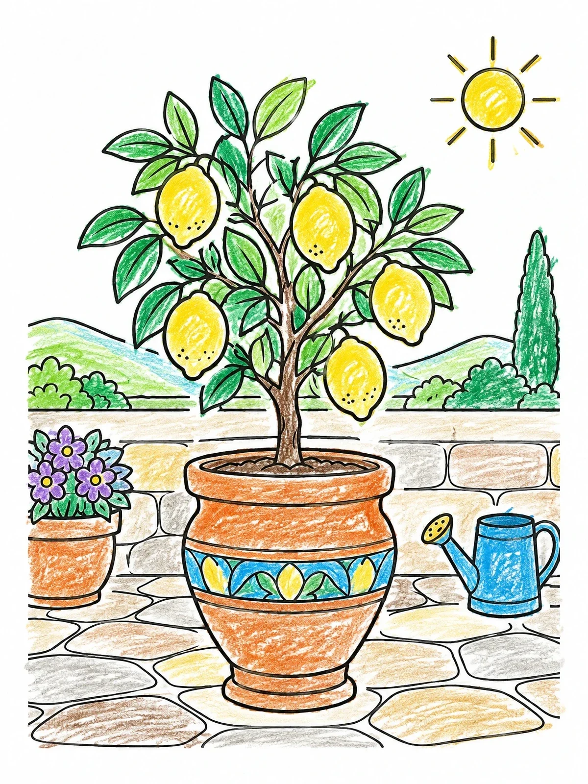 Colored example of the Potted Lemon Tree On Sunlit Patio coloring page