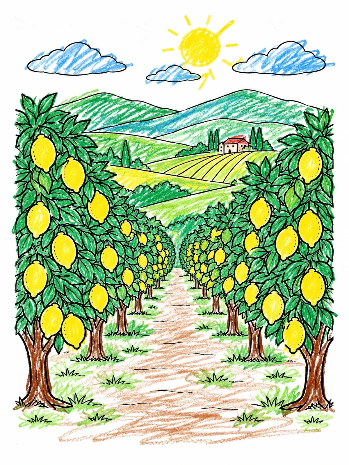 Colored example of the Scenic Lemon Orchard Landscape coloring page
