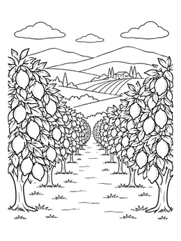 A peaceful countryside with rows of trees in this lemons coloring page.