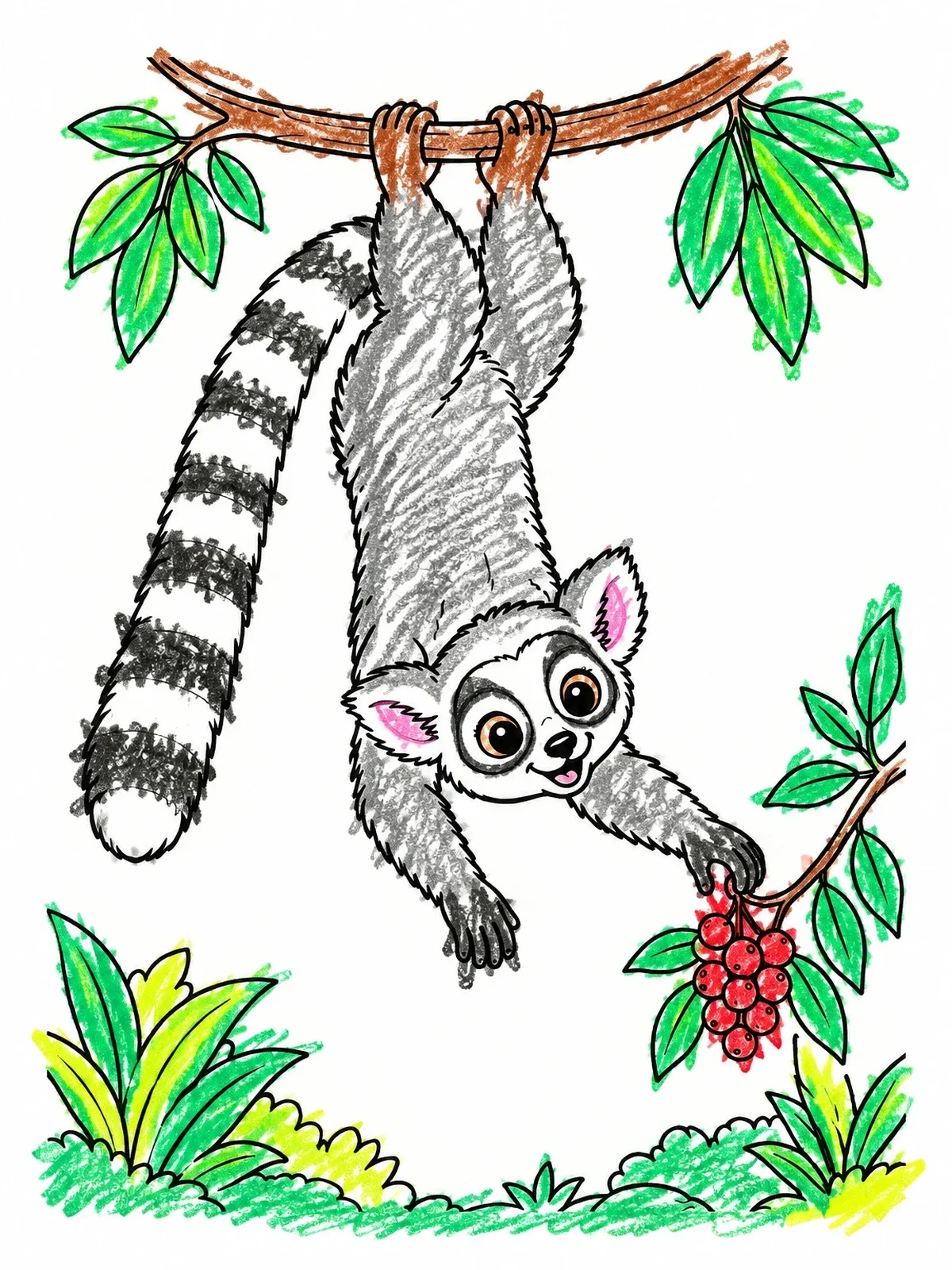Colored example of the Lemur Hanging Upside Down coloring page