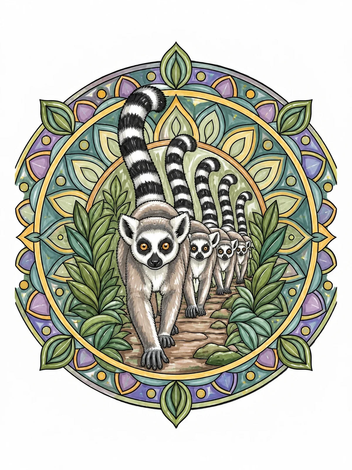 Colored example of the Lemur Troop Mandala Procession coloring page