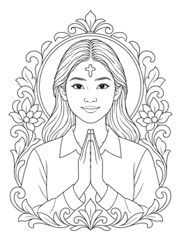 A serene woman praying with an ash cross on her forehead in this lent coloring page.