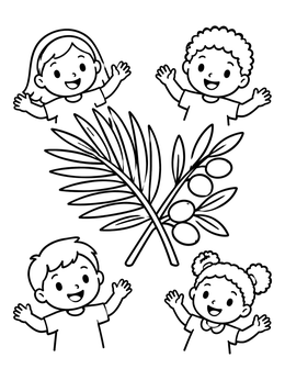 Smiling kids celebrate Palm Sunday around crossed branches in this lent coloring page.