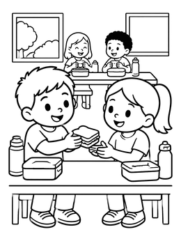 Free printable Sharing Lunch At School coloring page