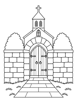 A path leads to an arched wooden church gate in this lent coloring page.