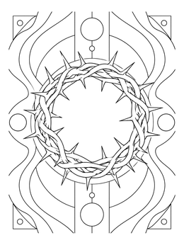 A detailed lent coloring page showing a woven crown of thorns in front of an ornamental cross.