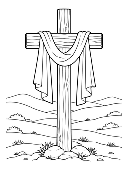 A draped wooden cross on rolling hills in this quiet lent coloring page.