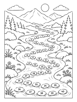 A winding mountain stream path with forty stepping stones on this lent coloring page.