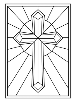 A radiant stained glass cross with sunburst beams in a lent coloring page.