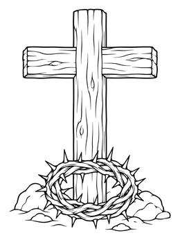 A rustic wooden cross and crown of thorns in a meaningful lent coloring page.