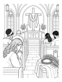 A serene church sanctuary with praying worshippers in this peaceful lent coloring page.