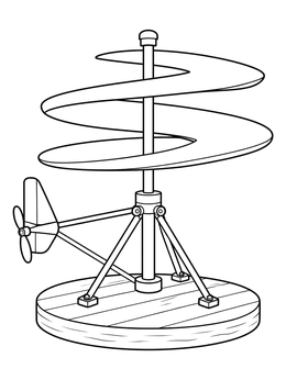 An aerial screw invention in this leonardo da vinci coloring page on a wooden base.