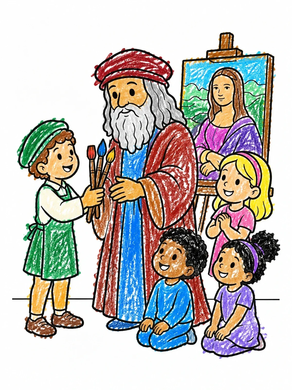Colored example of the Leonardo Da Vinci And Young Apprentices coloring page