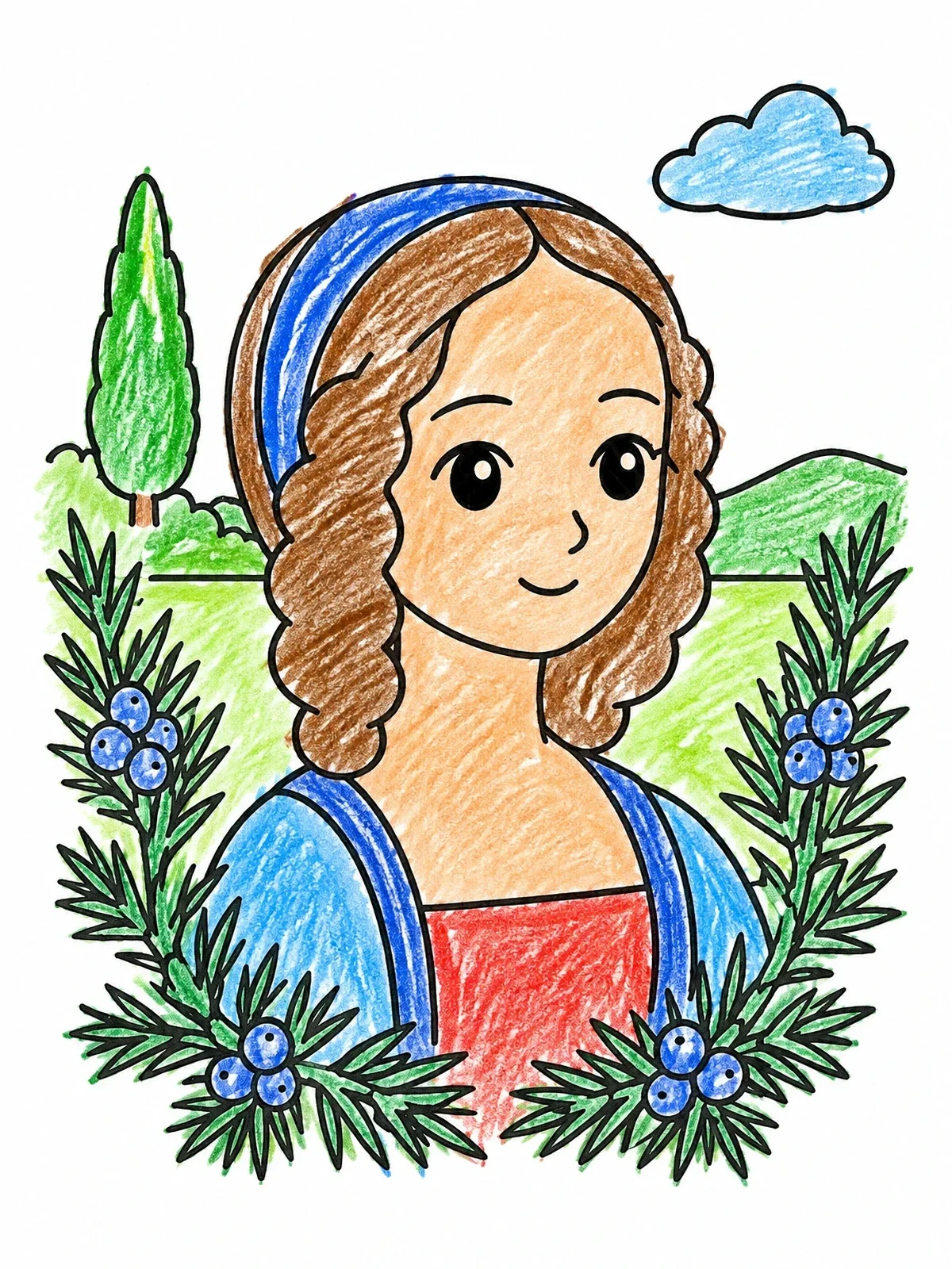Colored example of the Ginevra De Benci Portrait With Juniper coloring page