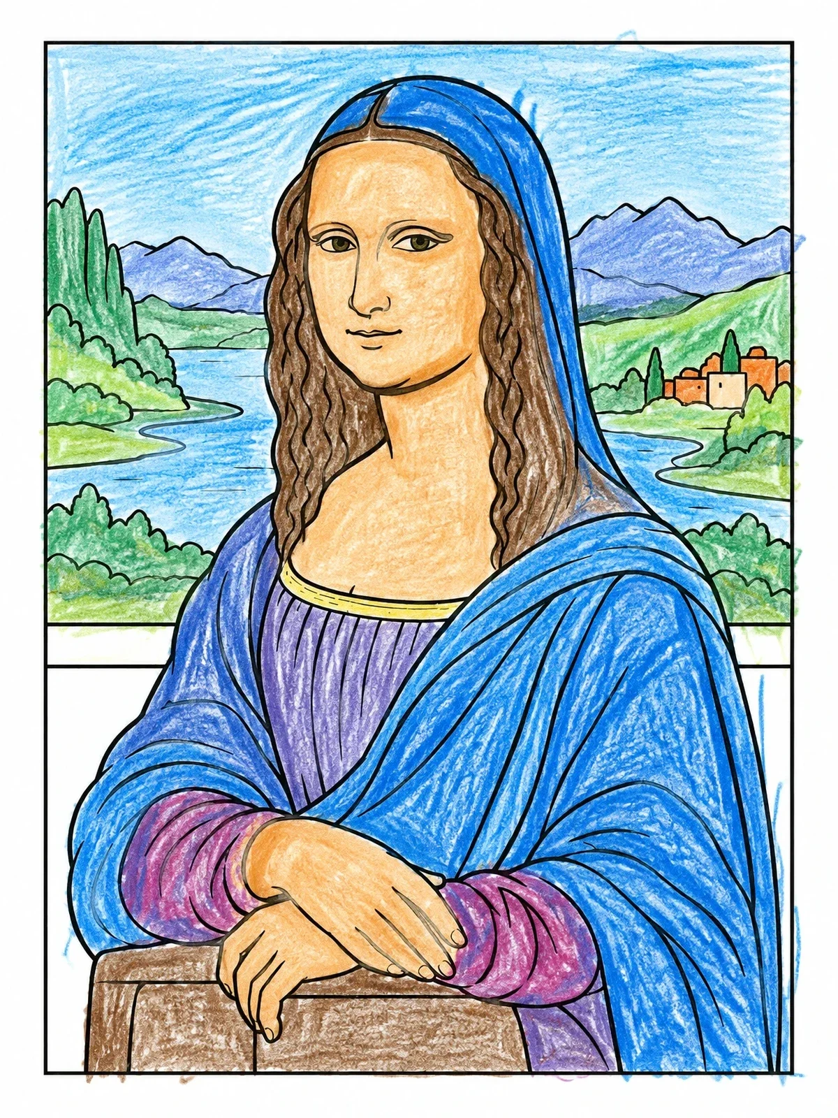 Colored example of the Mona Lisa Renaissance Portrait coloring page
