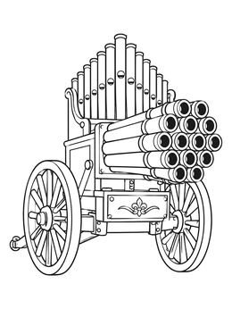 A multi-barrel musical organ cannon on wheels in a leonardo da vinci coloring page.