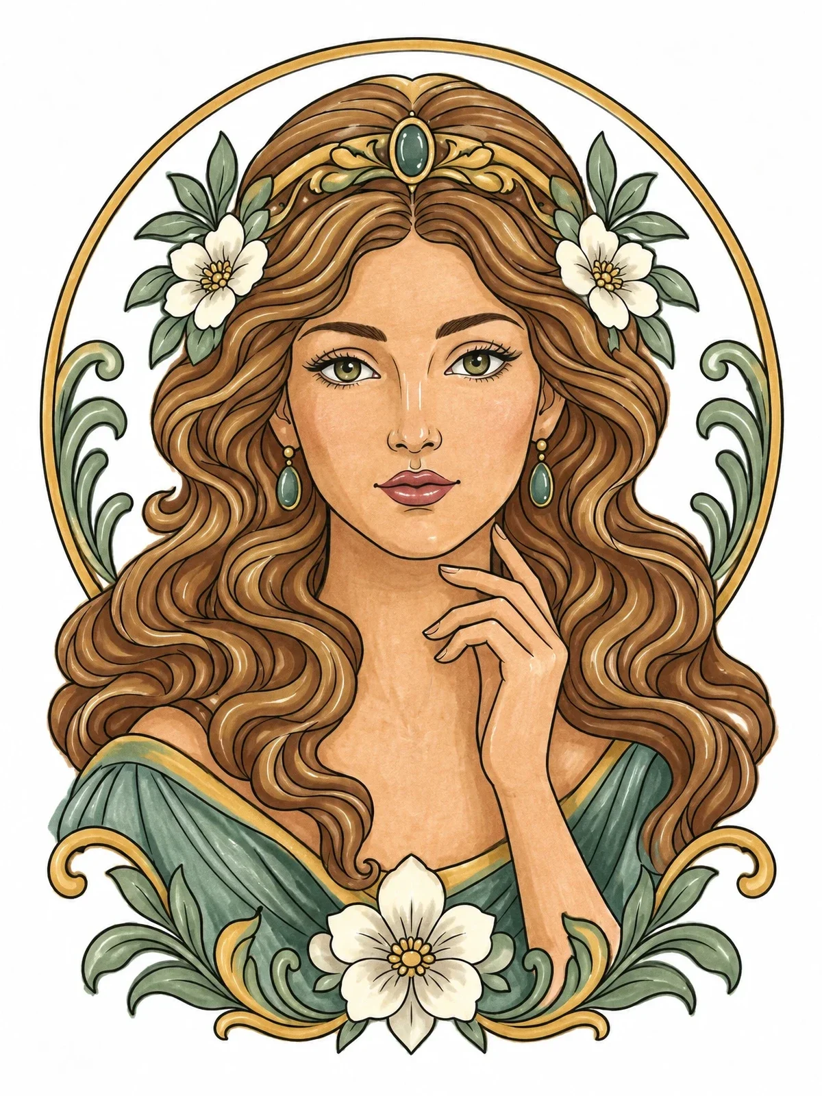 Colored example of the Renaissance Lady With Flowing Hair coloring page