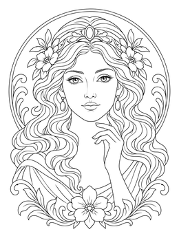 A renaissance lady with wavy hair in a leonardo da vinci coloring page design.