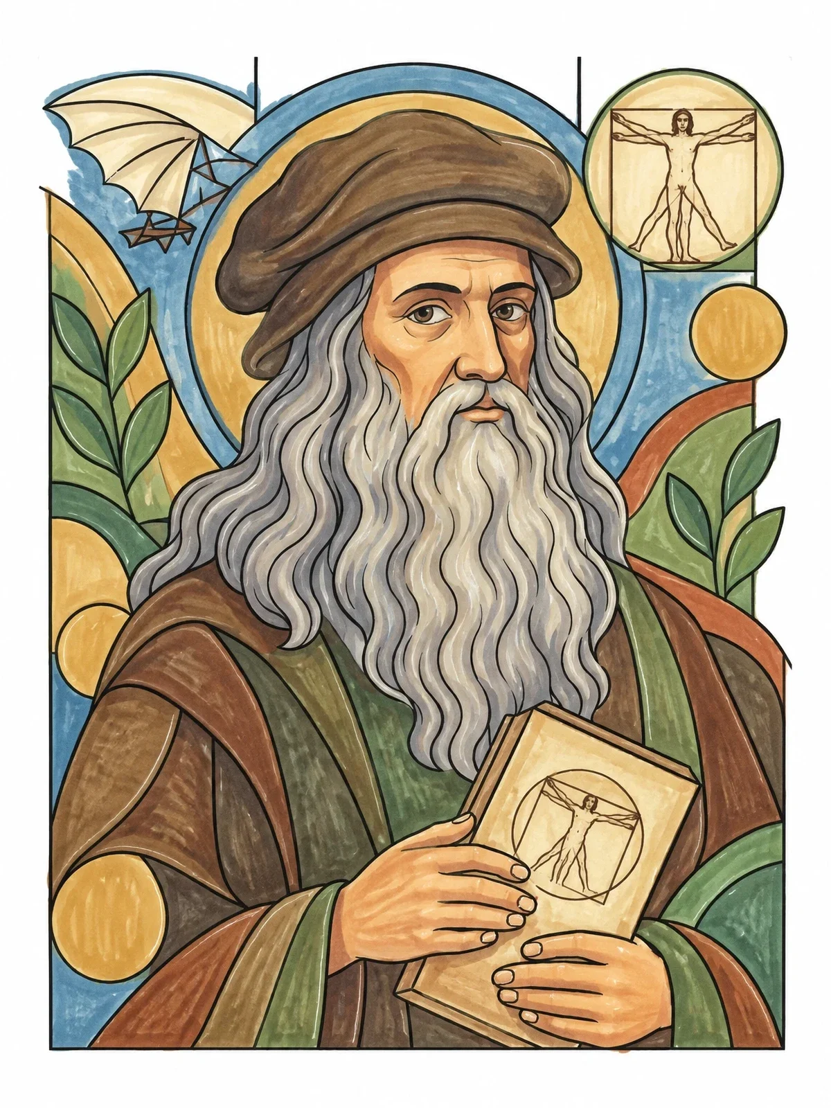 Colored example of the Leonardo Da Vinci Renaissance Portrait coloring page