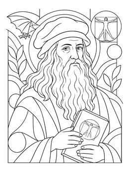 Portrait of the artist in this detailed leonardo da vinci coloring page holding his sketchbook.