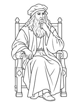 A leonardo da vinci coloring page depicting the artist sitting thoughtfully in an ornate chair.