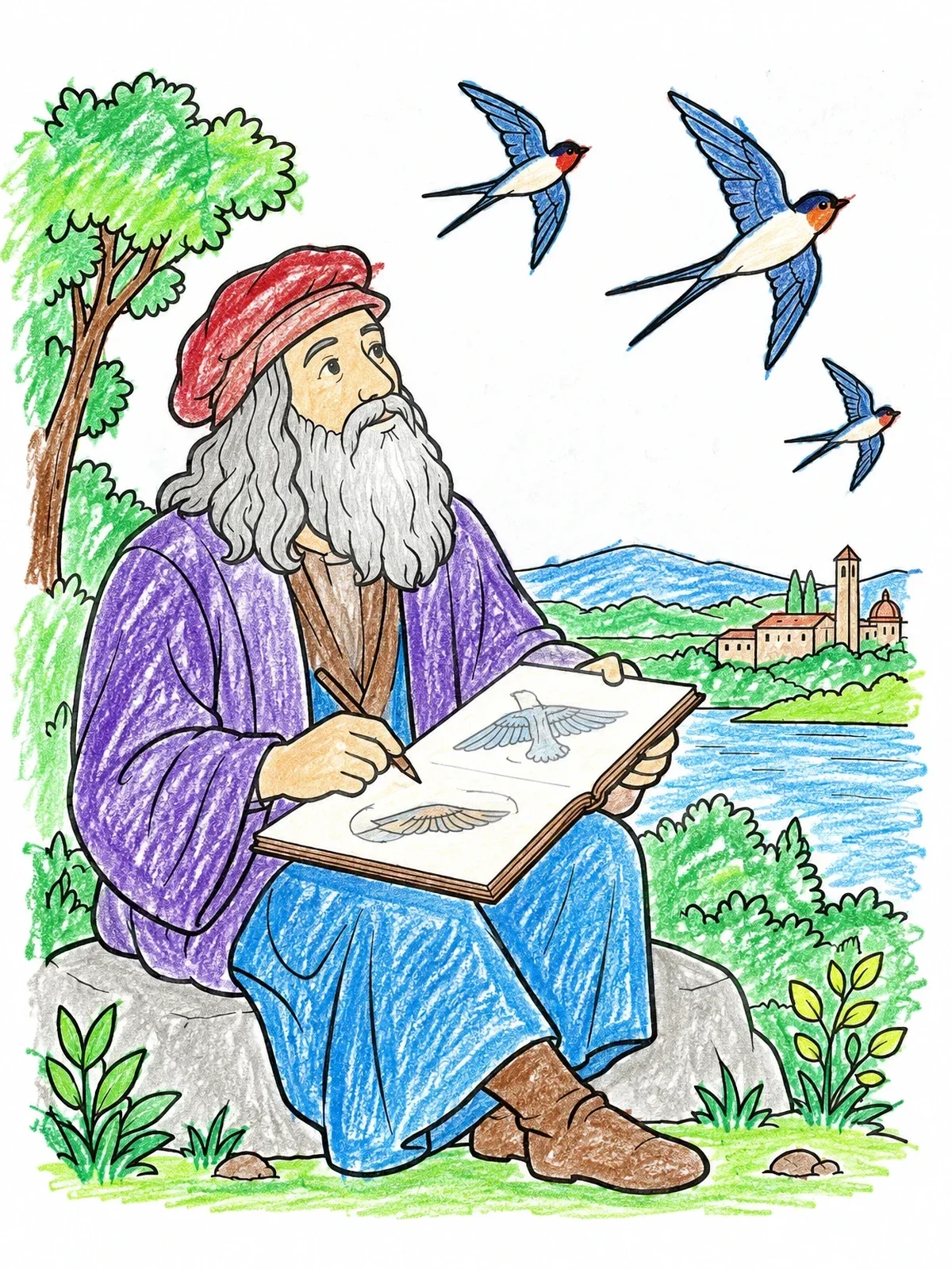 Colored example of the Leonardo Da Vinci Sketching Birds coloring page