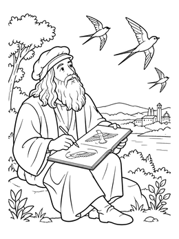 Free printable Leonardo Da Vinci Sketching Birds coloring page