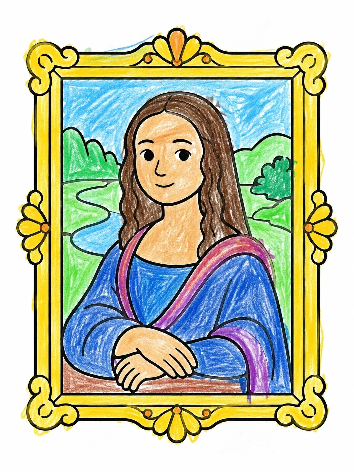 Colored example of the Smiling Mona Lisa In Ornate Frame coloring page