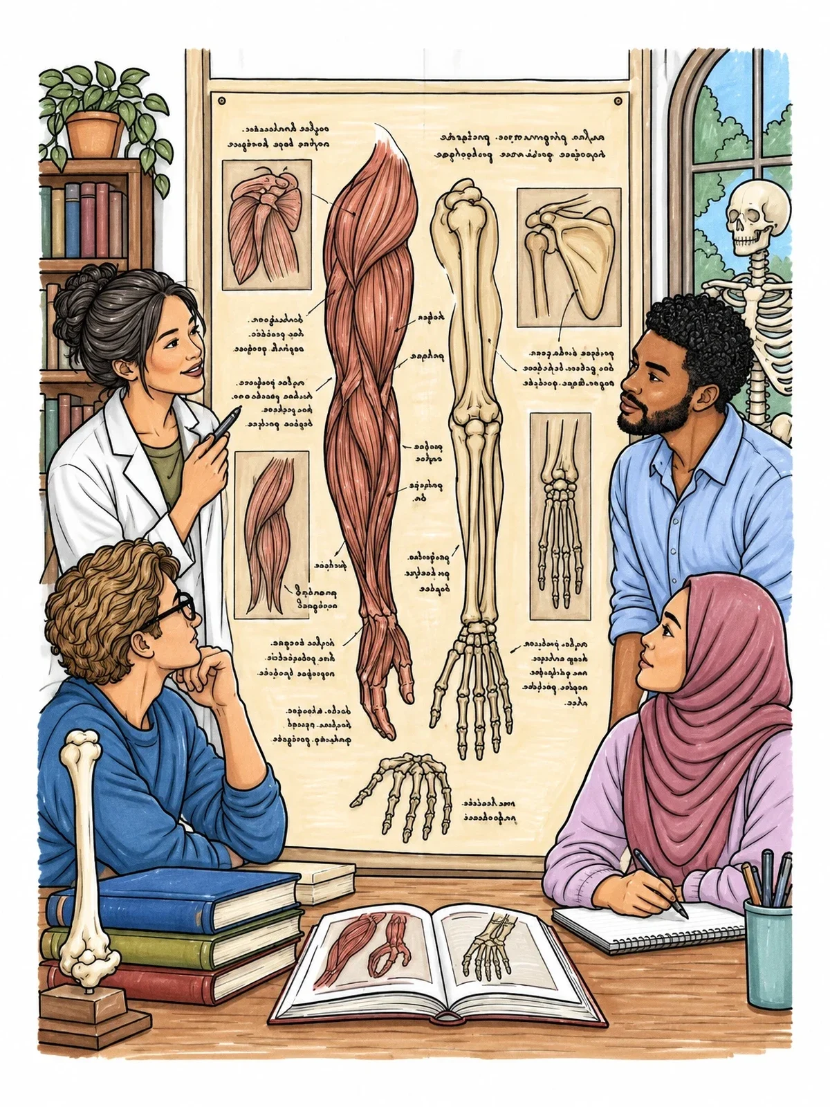Colored example of the Students Studying Da Vinci Anatomy coloring page