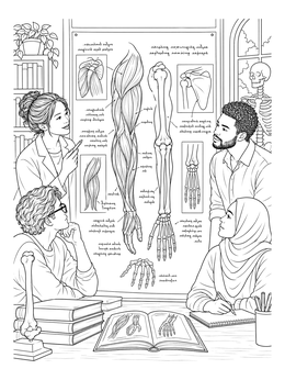Students studying anatomical sketches on a leonardo da vinci coloring page.