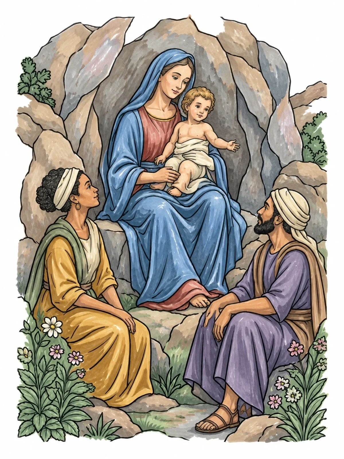 Colored example of the Virgin Of The Rocks Scene coloring page