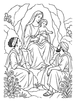 A peaceful leonardo da vinci coloring page showing figures gathered inside a rocky cavern with plants.