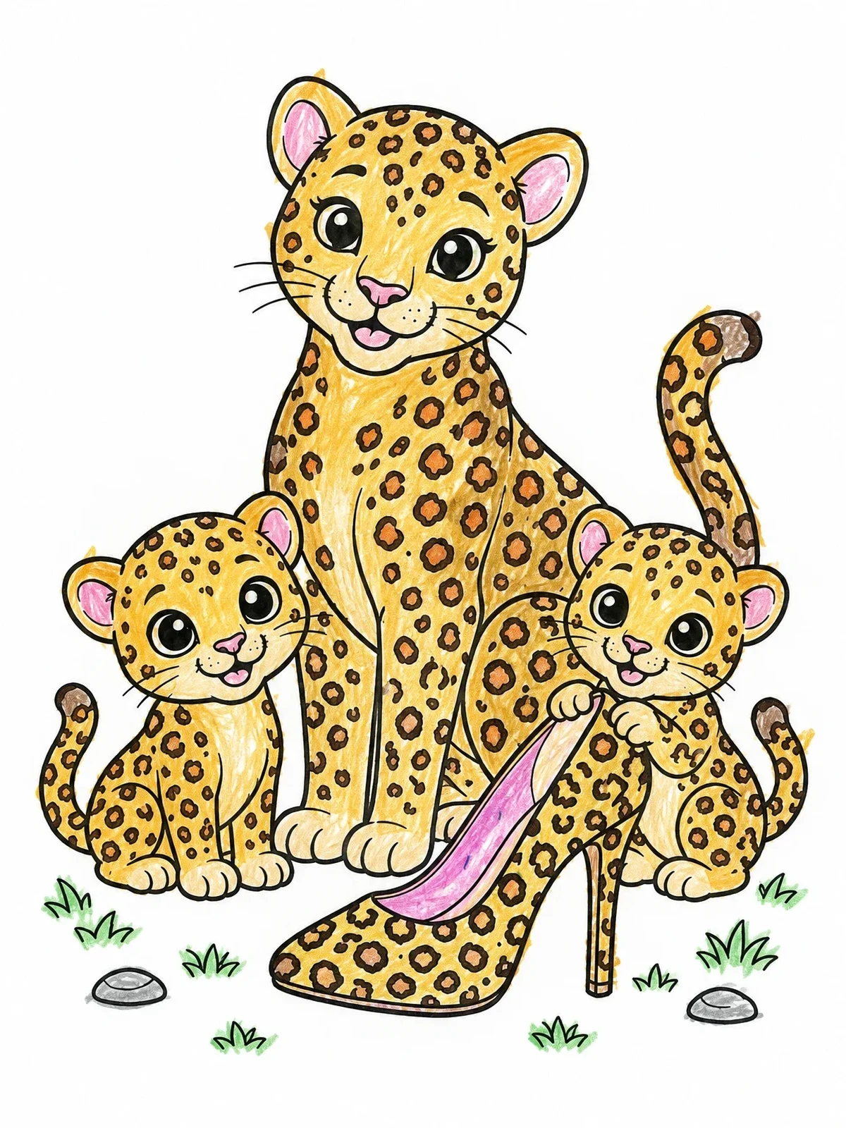 Colored example of the Leopard Family With Patterned High Heel coloring page